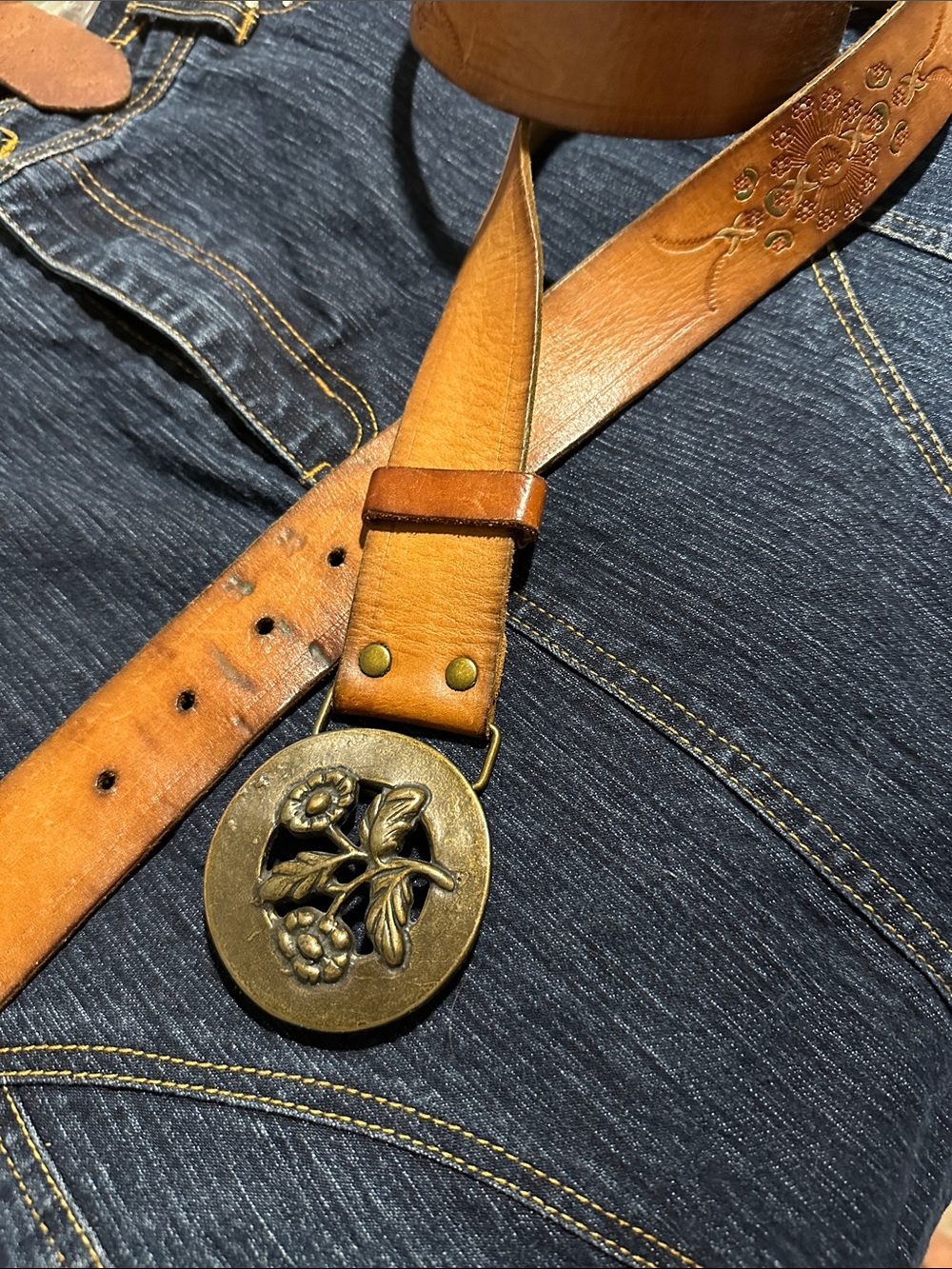 Tan vintage Leather Belt with Floral Brass Buckle